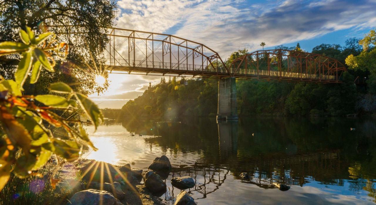 american river near nimbus dam with riparian grasses and low foothills at dusk